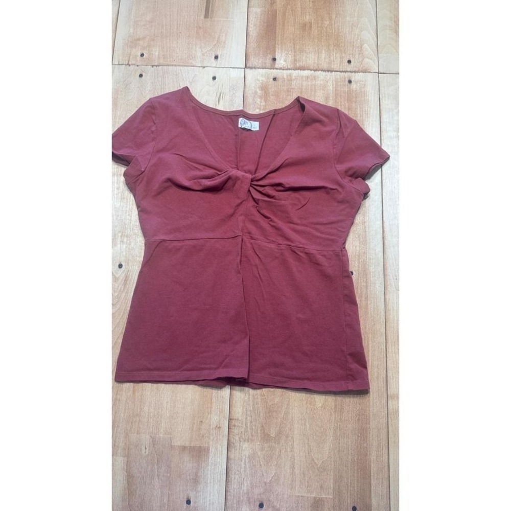 24/7 Womens Rust Color Twisted V Neck Short Sleeve Top Size L